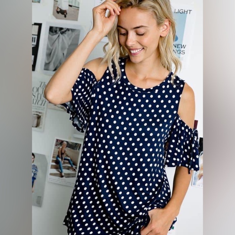 E.Luna Blue Polkadot Cold Shoulder Top